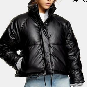 TOPSHOP FAUX LEATHER PADDED PUFFER JACKET IN BLACK